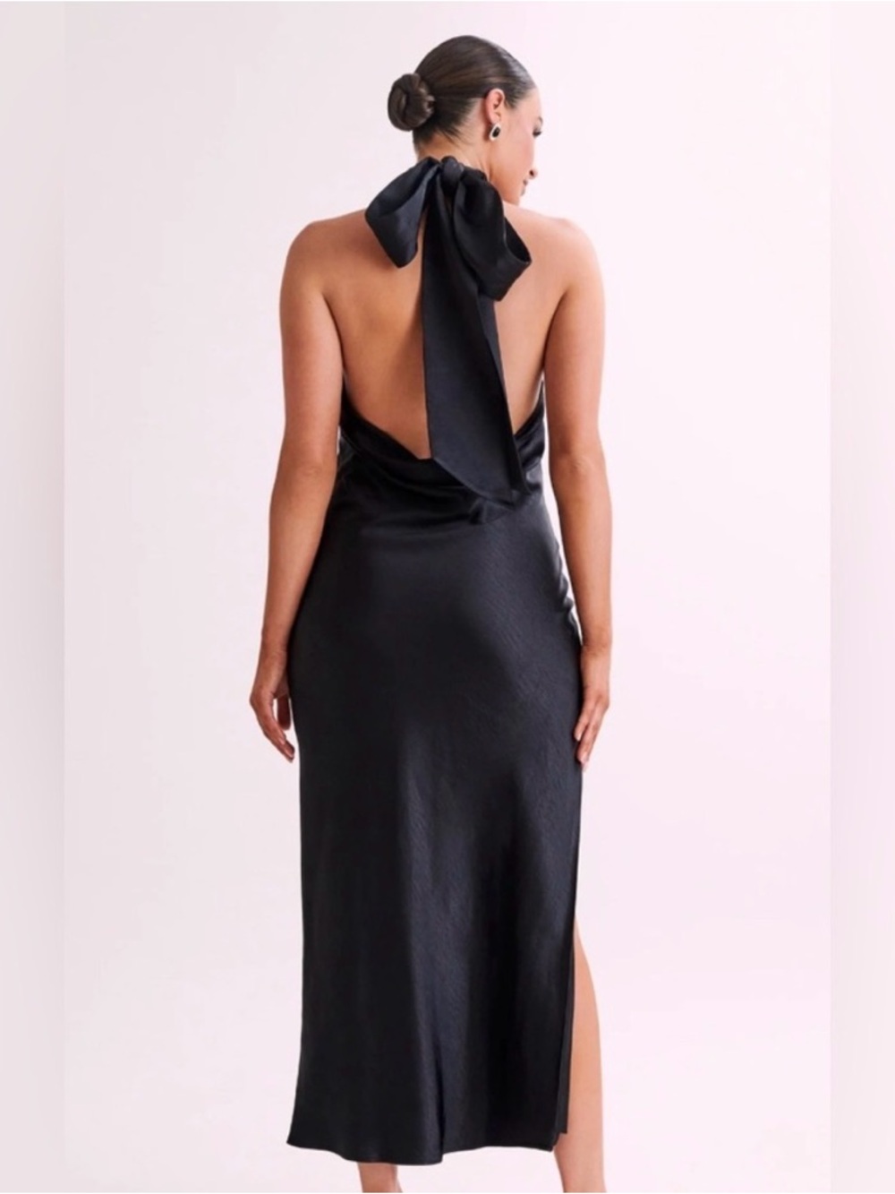 Meshki Black Satin Paulette Halter Midi Dress with Back Bow
